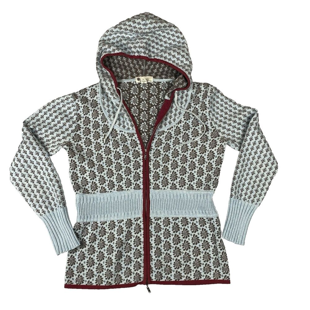 Neve Womens L Fair Isle Full Zip Hooded Sweater Jacket Wool Blend Nordic Ski